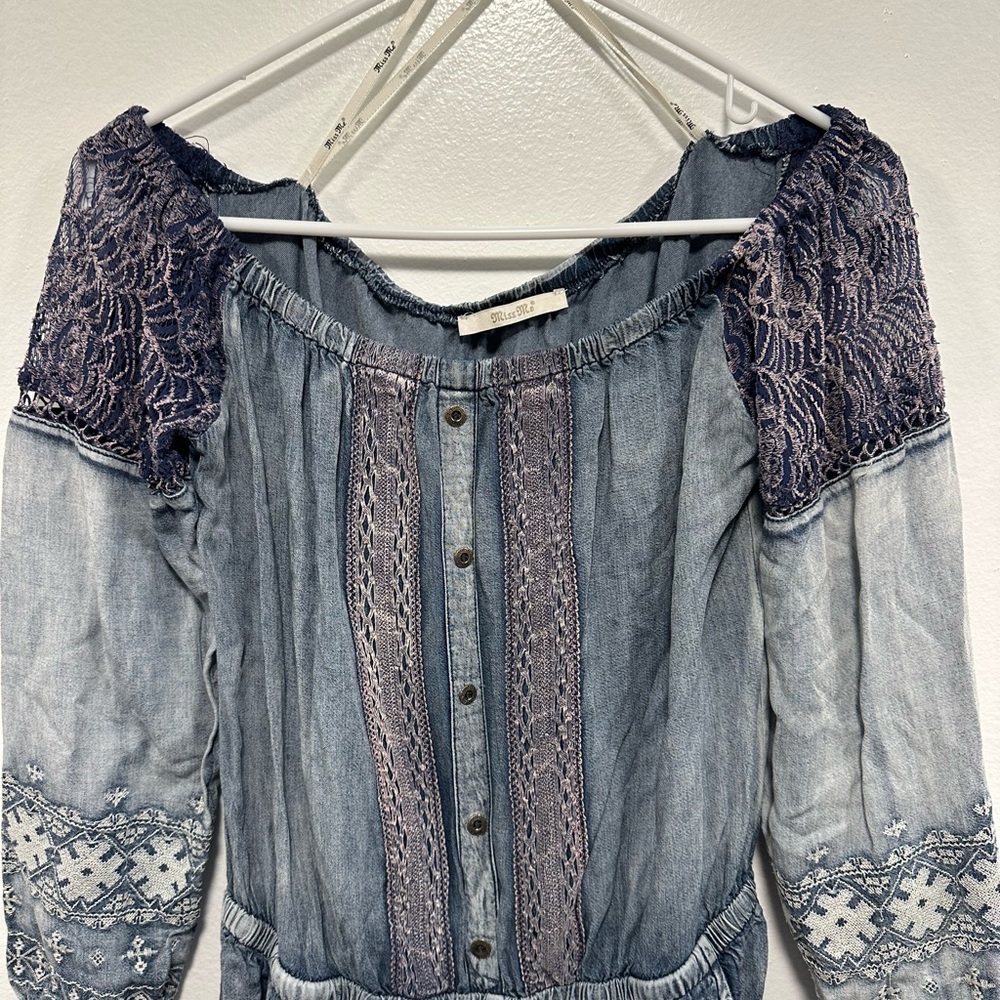 Miss me denim blue color Shoulder Romper with Lace Details - Picture 3 of 8